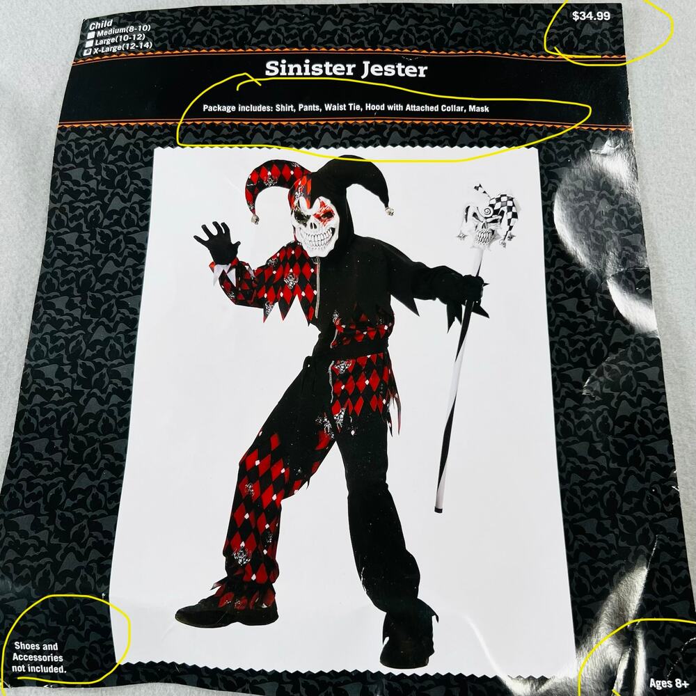 Sinister Jester Scary Evil Clown Halloween Costume Harlequin Kids XL 12-14